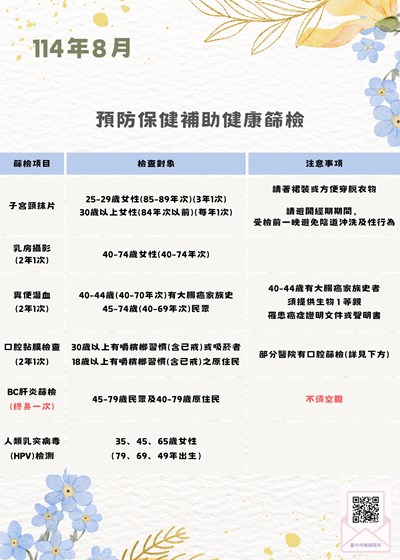 114年8月份癌症篩檢活動場次(圖檔)